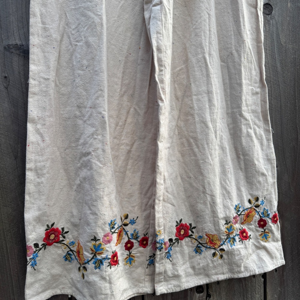 Anthropologie JOA Embroidered Tie Front Jumpsuit Large Beige Floral Wide Leg - Picture 8 of 16